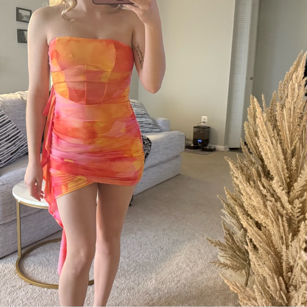 Strapless Orange-Pink Watercolor Mini Dress